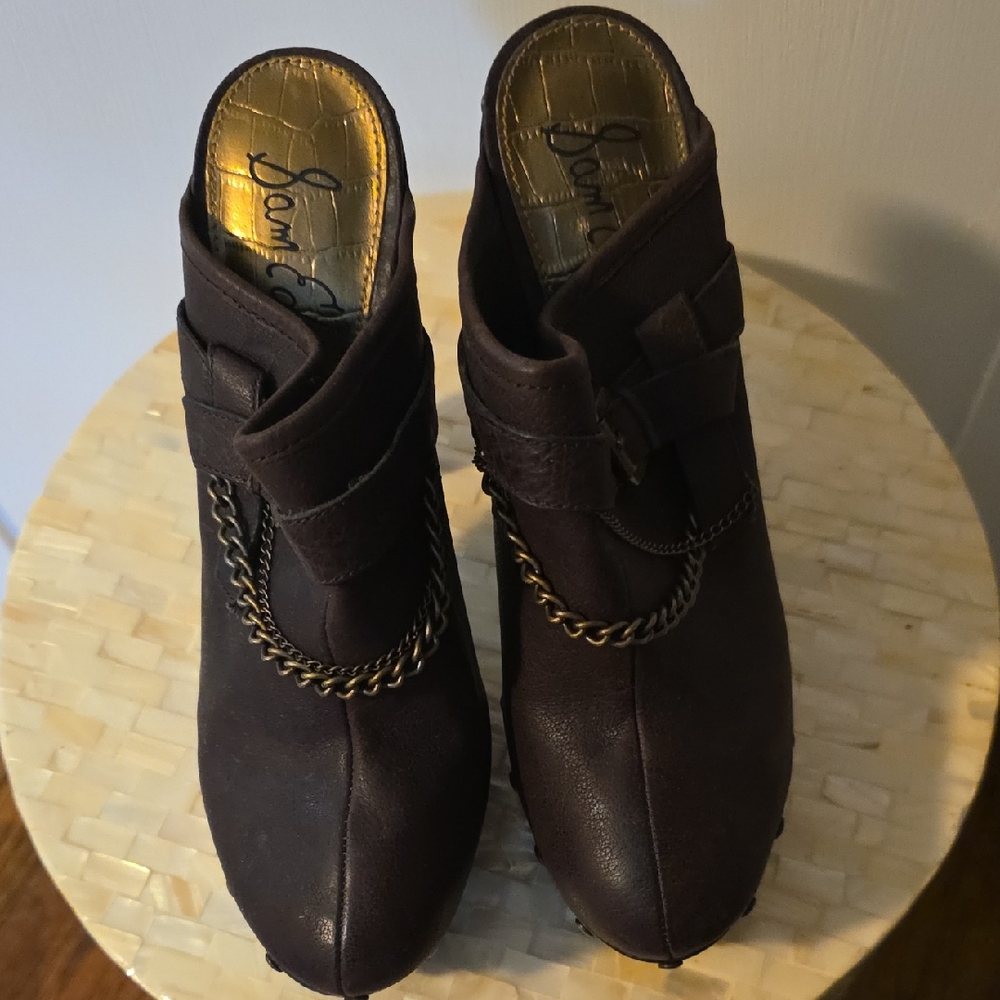 Sam Edelman Brown Leather Mules with Chain Detail